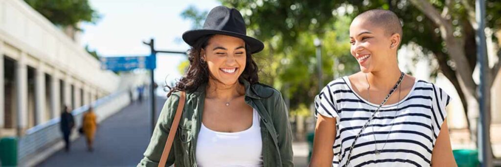 Women walking on city street