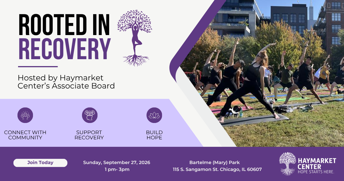 Event flyer for "Rooted in Recovery" showing a yoga class outdoors on grass, with event details, sponsors, date, and location information on a purple and white background.